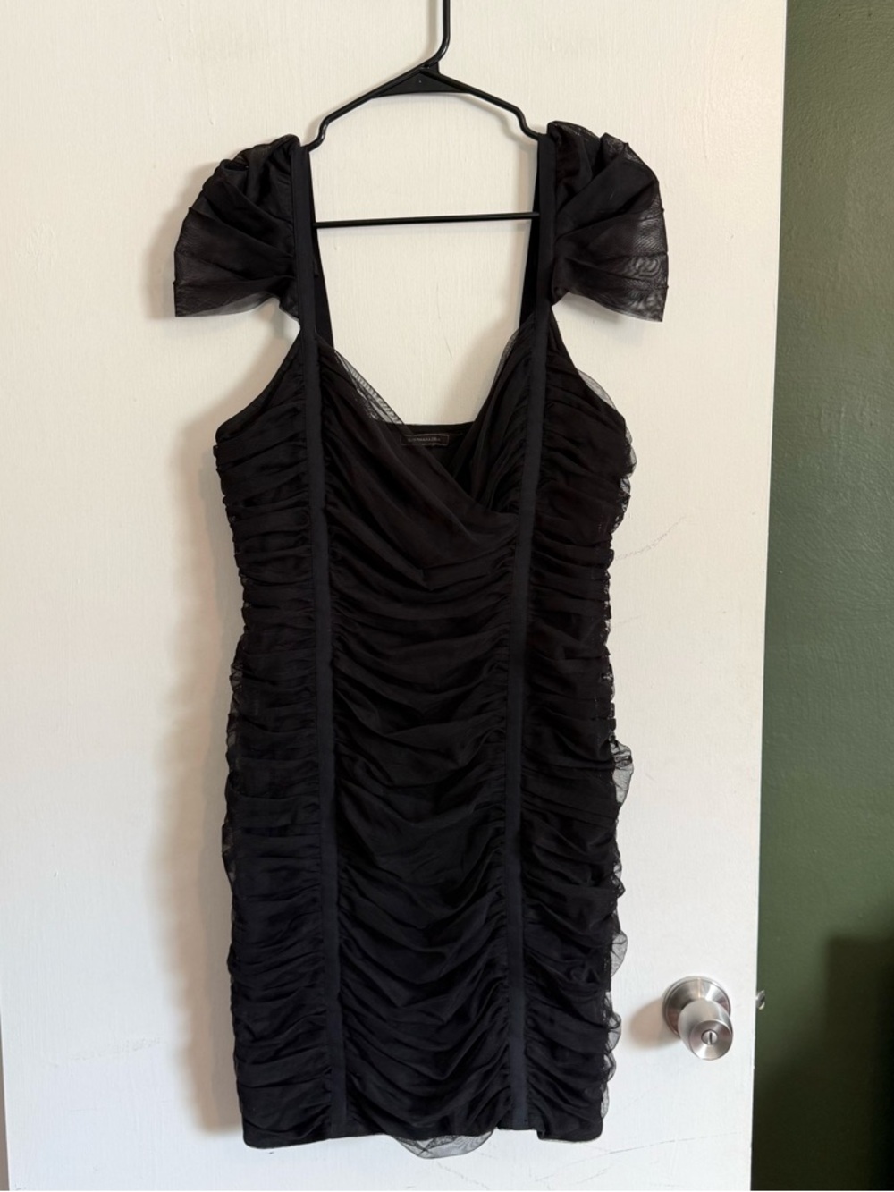 BCBGMaxazria Princess Line Shirre Black Bodycon Cap Sleeves dress size large